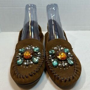 Free People Brown Gemstone Bejeweled Slip on Mocassin Flats